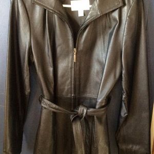 Genuine Leather Belted Zip Up Jacket Black Size S